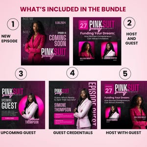Puede incluir: Gr&aacute;fico promocional para el podcast "Pink Suit Society", con im&aacute;genes del anfitri&oacute;n e invitados. El gr&aacute;fico incluye texto como "Nuevo episodio", "Pr&oacute;ximamente" y t&iacute;tulos de episodios como "Financiando tu sue&ntilde;o". La combinaci&oacute;n de colores es principalmente rosa y negro.