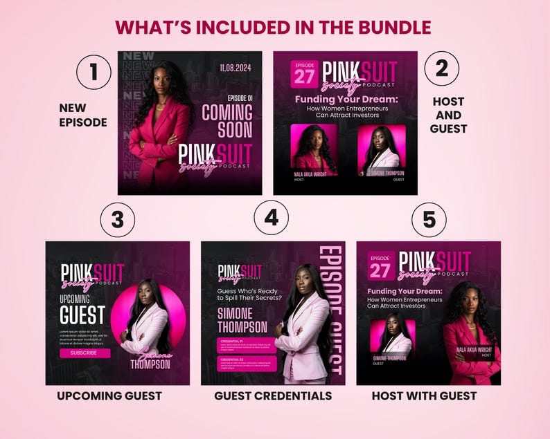 Puede incluir: Gr&aacute;fico promocional para el podcast "Pink Suit Society", con im&aacute;genes del anfitri&oacute;n e invitados. El gr&aacute;fico incluye texto como "Nuevo episodio", "Pr&oacute;ximamente" y t&iacute;tulos de episodios como "Financiando tu sue&ntilde;o". La combinaci&oacute;n de colores es principalmente rosa y negro.
