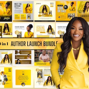 Puede incluir: Un collage de imágenes que promocionan un paquete de lanzamiento de autor. Las imágenes muestran a una mujer con un traje amarillo, una portada de libro y texto que dice "20 in 1 Author Launch Bundle".