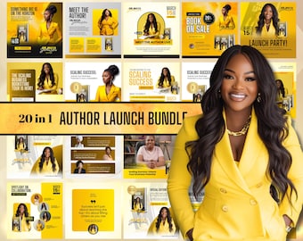 May include: A collage of images promoting an author launch bundle. The images feature a woman in a yellow suit, a book cover, and text that says "20 in 1 Author Launch Bundle".