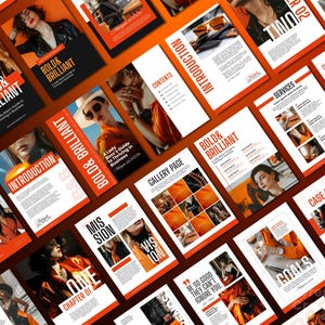 May include: A collection of pages from a business guide titled "Bold & Brilliant: A Lady Boss's Guide to Thriving in Business" by Michelle Jackson. The pages feature a variety of content, including an introduction, mission and vision statements, a gallery page, chapter summaries, services, case studies, and goals. The pages are designed with a bold, orange and black color scheme.