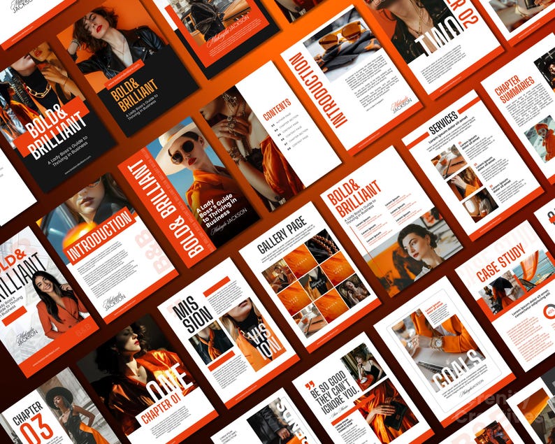 May include: A collection of pages from a business guide titled "Bold & Brilliant: A Lady Boss's Guide to Thriving in Business" by Michelle Jackson. The pages feature a variety of content, including an introduction, mission and vision statements, a gallery page, chapter summaries, services, case studies, and goals. The pages are designed with a bold, orange and black color scheme.