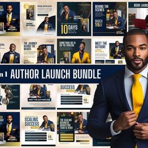 May include: A collection of promotional materials for authors, showcasing a man in a navy suit and yellow tie. The image includes various marketing graphics with text such as "Book Launch Announcement" and "Scaling Success". The bundle is designed to help authors promote their work.