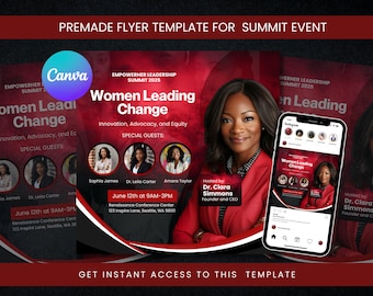 May include: A red and black flyer template for a Women Leading Change summit event. The flyer features a photo of a woman in a red blazer and the text "Women Leading Change: Innovation, Advocacy, and Equity". The flyer also includes the date and time of the event, the location, and the names of the special guests.
