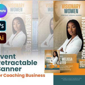 Peut inclure: Une bannière rétractable pour un événement professionnel. La bannière est orange et blanche avec le texte "Visionary Women" et "Strategic Thinking Seminar". La bannière présente également une photo d'une femme aux cheveux foncés portant une chemise blanche. Le texte "Oct 12, 2024" est également sur la bannière.