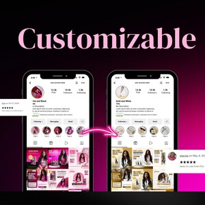 Puede incluir: Dos smartphones que muestran perfiles de Instagram, uno con un tema rosa y negro y el otro con un tema dorado y blanco. La palabra "Customizable" est&aacute; en escritura rosa en la parte superior. Se muestran rese&ntilde;as en los lados.