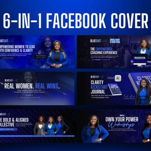 Peut inclure: Une conception de couverture Facebook 6-en-1 avec un fond dégradé bleu foncé. La conception présente du texte et des images promouvant l'autonomisation et les services de coaching. Le texte comprend des phrases telles que "Empowering Women to Lead" et "Clarity Kickstart Journal."