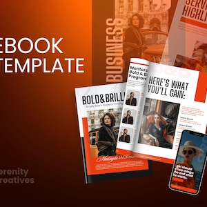 May include: A mockup of an ebook cover with a bright orange background. The cover features a woman in a fur coat and the title "Bold & Brill: A Lady Boss's Guide to Thriving". The text "Here's What You'll Gain" is also visible on the cover.