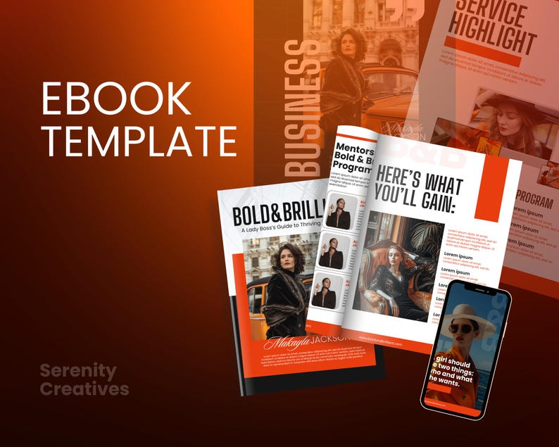 May include: A mockup of an ebook cover with a bright orange background. The cover features a woman in a fur coat and the title "Bold & Brill: A Lady Boss's Guide to Thriving". The text "Here's What You'll Gain" is also visible on the cover.