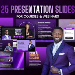 Op de afbeelding: Een promotieafbeelding met de tekst "25 PRESENTATION SLIDES FOR COURSES & WEBINARS". De afbeelding toont een man in een paars pak en verschillende laptopschermen met presentatiedia's met tekst en afbeeldingen.