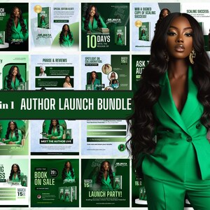 May include: A collage of 20 social media graphics promoting an author's book launch. The graphics feature a woman in a green suit, the book cover, and text promoting the book launch. The text includes "Book Launch Announcement", "The Journey Behind the Words", "Scaling Success", "Meet the Author Live", "Book on Sale", and "Launch Party!"