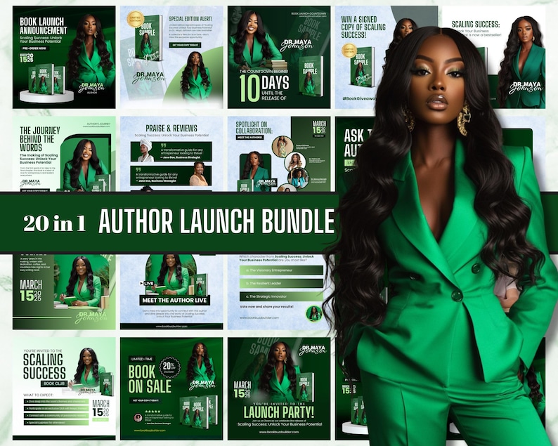 May include: A collage of 20 social media graphics promoting an author's book launch. The graphics feature a woman in a green suit, the book cover, and text promoting the book launch. The text includes "Book Launch Announcement", "The Journey Behind the Words", "Scaling Success", "Meet the Author Live", "Book on Sale", and "Launch Party!"