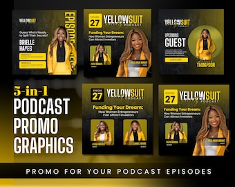 5-in-1 Editable Podcast Promo Flyer | Customizable Canva Templates | Social Media Podcast Promotion Yellow Black