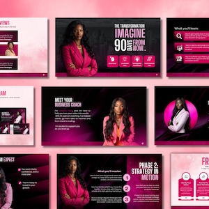 Puede incluir: Una presentaci&oacute;n con una combinaci&oacute;n de colores rosa oscuro y negro. Las diapositivas presentan texto e im&aacute;genes de una mujer con una blazer rosa. El texto incluye "Imagina 90 d&iacute;as a partir de ahora" y "Conoce a tu coach de negocios".