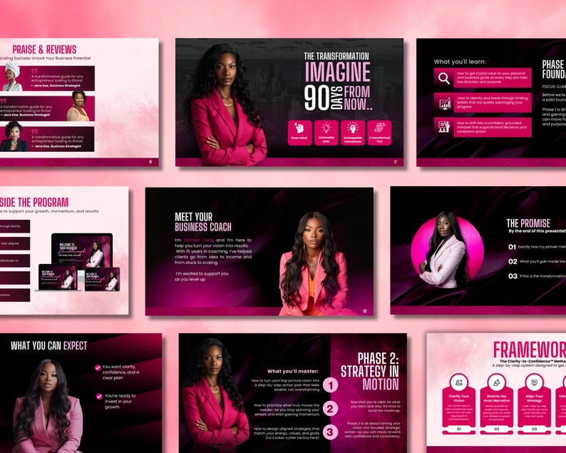 Puede incluir: Una presentaci&oacute;n con una combinaci&oacute;n de colores rosa oscuro y negro. Las diapositivas presentan texto e im&aacute;genes de una mujer con una blazer rosa. El texto incluye "Imagina 90 d&iacute;as a partir de ahora" y "Conoce a tu coach de negocios".