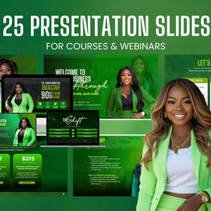 Puede incluir: Imagen promocional de diapositivas de presentación. La imagen presenta a una mujer con un traje verde, con el texto "25 diapositivas de presentación para cursos y seminarios web". Varias pantallas muestran contenido de presentación, con información de precios.