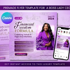 Op de afbeelding: Een kant-en-klare flyer-sjabloon voor een Boss Lady CEO, met een vrouw in een paarse blazer. De flyer promoot een "Financial Freedom Formula" met voordelen. Een smartphone toont de flyer in een Instagram-post.