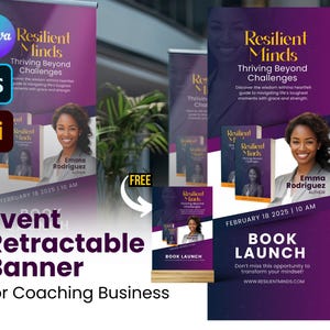 May include: A purple and black retractable banner advertises a book launch event for "Resilient Minds: Thriving Beyond Challenges" by Emma Rodriguez. The banner features a photo of the author and the book cover. The event is scheduled for February 18, 2025 at 10 AM.