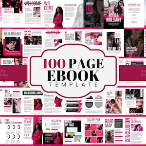 Puede incluir: Una plantilla de libro electr&oacute;nico de 100 p&aacute;ginas con un dise&ntilde;o audaz. El dise&ntilde;o presenta un esquema de color rosa y blanco con varias secciones, incluyendo una tabla de contenidos, introducci&oacute;n y p&aacute;ginas de cap&iacute;tulos. El t&iacute;tulo "Bold & Brilliant" se muestra de forma destacada.