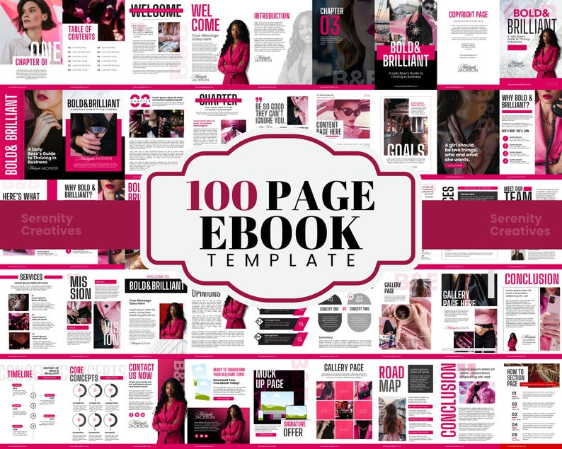Puede incluir: Una plantilla de libro electr&oacute;nico de 100 p&aacute;ginas con un dise&ntilde;o audaz. El dise&ntilde;o presenta un esquema de color rosa y blanco con varias secciones, incluyendo una tabla de contenidos, introducci&oacute;n y p&aacute;ginas de cap&iacute;tulos. El t&iacute;tulo "Bold & Brilliant" se muestra de forma destacada.