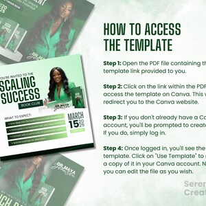 May include: A green and white graphic with the text "You're invited to the Scaling Success Book Club" and "What to Expect". The graphic also includes a photo of a woman with the text "Dr. Maya Johnson" and "March 15th, 2020".