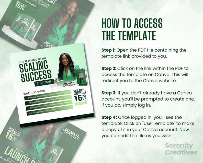May include: A green and white graphic with the text "You're invited to the Scaling Success Book Club" and "What to Expect". The graphic also includes a photo of a woman with the text "Dr. Maya Johnson" and "March 15th, 2020".