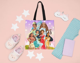 Bolso de mano de princesa personalizado, Bolso de Disneyworld con nombre personalizado, Regalo de vacaciones de verano para niña de cumpleaños, Moana Tiana, Escuela, Bolso de comestibles para el trabajo