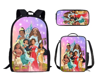 Zaino principessa, zaino nero della sirenetta, principessa nera, Ariel, Tiana, Moana, Elena, regalo di compleanno personalizzato, borsa per libri scolastici, borsa da palestra