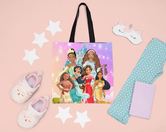 Bolso de mano de princesa personalizado, Bolso de Disney con nombre personalizado, Regalo de vacaciones de verano para niña de cumpleaños, Moana Tiana Ariel, Escuela, Bolso de supermercado para el trabajo