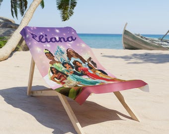Toalla de playa de princesa personalizada, toalla de princesa con nombre personalizado, regalo de cumpleaños para niña, crucero de Moana, playa, piscina
