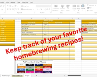 Peut inclure: Une feuille de calcul avec un fond jaune et un texte rouge superposé qui dit "Keep track of your favorite homebrewing recipes!" La feuille de calcul est divisée en colonnes avec des titres tels que "Nom de la recette", "Ingrédients", "Recette principale", "Recette secondaire" et "Quantité". Il y a une section en bas de la feuille de calcul qui dit "Choisissez la couleur/le thème de votre feuille" et montre une palette de couleurs avec différentes couleurs.