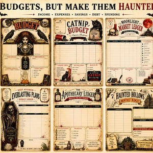 Puede incluir: Una colecci&oacute;n de seis hojas de presupuesto estilo vintage con tem&aacute;tica g&oacute;tica. Cada p&aacute;gina presenta texturas de papel envejecido, ilustraciones oscuras de calaveras, cuervos, fantasmas y gatos, y encabezados como Budgets, But Make Them Haunted.