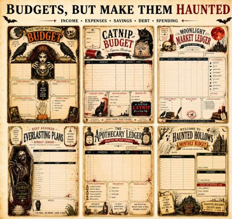 Puede incluir: Una colecci&oacute;n de seis hojas de presupuesto estilo vintage con tem&aacute;tica g&oacute;tica. Cada p&aacute;gina presenta texturas de papel envejecido, ilustraciones oscuras de calaveras, cuervos, fantasmas y gatos, y encabezados como Budgets, But Make Them Haunted.