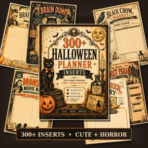 Puede incluir: Una colección de insertos para planificador de Halloween de estilo vintage con una portada central titulada 300+ Halloween Planner Inserts. Los diseños incluyen ilustraciones de un gato negro, una calabaza, calaveras, búhos y murciélagos con textos como Brain Dump, Black Crow Market y Monster Movie Night.
