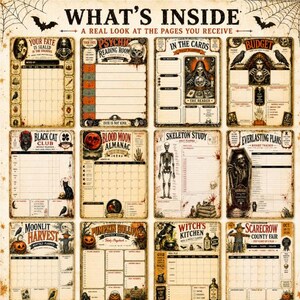 Puede incluir: Una colecci&oacute;n de doce p&aacute;ginas de planificador de estilo vintage con tem&aacute;tica de Halloween, que incluye ilustraciones de esqueletos, brujas, calabazas y gatos negros. Cada p&aacute;gina incluye encabezados como 'What's Inside', 'Psychic Reading Room' y 'Blood Moon Almanac'.