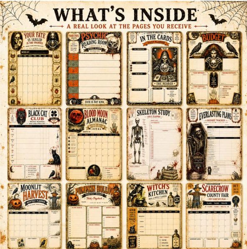 Puede incluir: Una colecci&oacute;n de doce p&aacute;ginas de planificador de estilo vintage con tem&aacute;tica de Halloween, que incluye ilustraciones de esqueletos, brujas, calabazas y gatos negros. Cada p&aacute;gina incluye encabezados como 'What's Inside', 'Psychic Reading Room' y 'Blood Moon Almanac'.