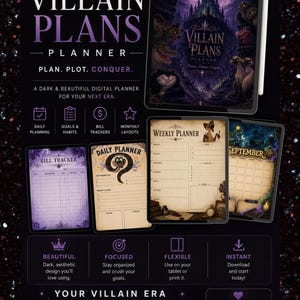 Może przedstawiać: Cyfrowy planer o nazwie "Villain Plans" o mrocznej estetyce. Obraz przedstawia tablet wyświetlający okładkę planera, a także przykładowe strony do planowania dziennego, tygodniowego i miesięcznego, śledzenia rachunk&oacute;w i wyznaczania cel&oacute;w. Tekst brzmi "Plan. Plot. Conquer."