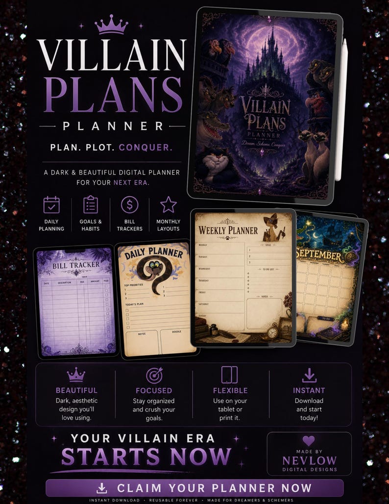 Może przedstawiać: Cyfrowy planer o nazwie "Villain Plans" o mrocznej estetyce. Obraz przedstawia tablet wyświetlający okładkę planera, a także przykładowe strony do planowania dziennego, tygodniowego i miesięcznego, śledzenia rachunk&oacute;w i wyznaczania cel&oacute;w. Tekst brzmi "Plan. Plot. Conquer."
