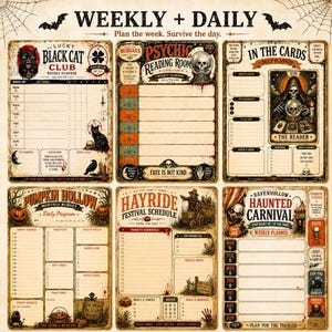 Puede incluir: Un conjunto de seis planificadores de papel de estilo vintage con temas de Halloween, que incluyen un planificador semanal Black Cat Club, un diario Psychic Reading Room, una hoja de presupuesto Pumpkin Hollow y un planificador Haunted Carnival.