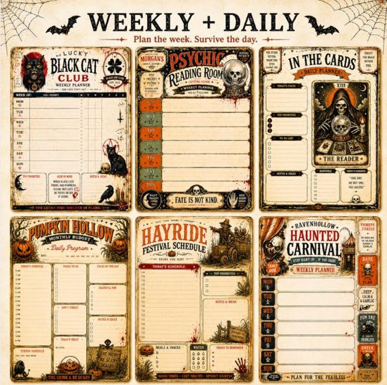 Puede incluir: Un conjunto de seis planificadores de papel de estilo vintage con temas de Halloween, que incluyen un planificador semanal Black Cat Club, un diario Psychic Reading Room, una hoja de presupuesto Pumpkin Hollow y un planificador Haunted Carnival.