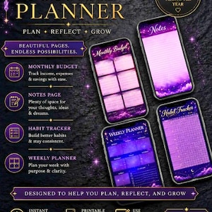 May include: An undated digital planner featuring a dark purple celestial theme with gold accents. Four smartphones display various pages including a monthly budget, notes, habit tracker, and weekly planner. Text includes US letter size 8.5 x 11.