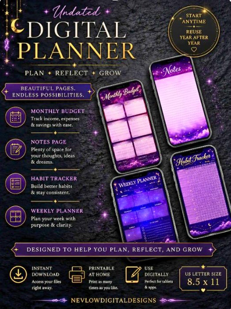 May include: An undated digital planner featuring a dark purple celestial theme with gold accents. Four smartphones display various pages including a monthly budget, notes, habit tracker, and weekly planner. Text includes US letter size 8.5 x 11.