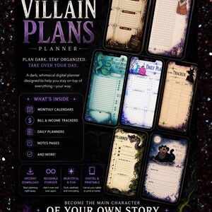 Może przedstawiać: Cyfrowy planer z napisem "Villain Plans Planner". Obraz przedstawia r&oacute;żne strony planera na ekranach telefon&oacute;w. Funkcje obejmują kalendarze miesięczne, trackery rachunk&oacute;w, plannery dzienne i strony notatek. Planer ma pom&oacute;c w organizacji.