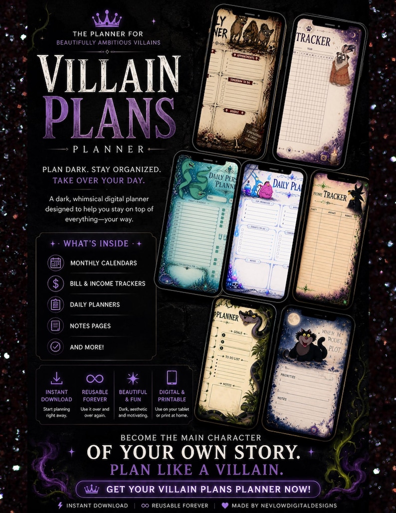 Może przedstawiać: Cyfrowy planer z napisem "Villain Plans Planner". Obraz przedstawia r&oacute;żne strony planera na ekranach telefon&oacute;w. Funkcje obejmują kalendarze miesięczne, trackery rachunk&oacute;w, plannery dzienne i strony notatek. Planer ma pom&oacute;c w organizacji.
