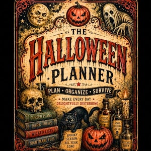 Puede incluir: Una portada rectangular de planificador de Halloween con una luna, una calabaza y un fantasma. El texto dice: THE HALLOWEEN PLANNER, PLAN ORGANIZE SURVIVE, MAKE EVERY DAY DELIGHTFULLY DISTURBING. Incluye libros, un gato negro y frascos.