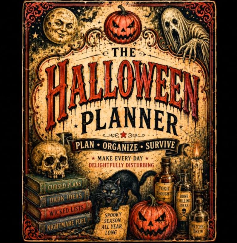 Puede incluir: Una portada rectangular de planificador de Halloween con una luna, una calabaza y un fantasma. El texto dice: THE HALLOWEEN PLANNER, PLAN ORGANIZE SURVIVE, MAKE EVERY DAY DELIGHTFULLY DISTURBING. Incluye libros, un gato negro y frascos.