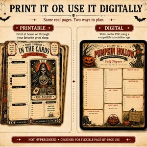 Puede incluir: Un conjunto de planificadores diarios que incluye una versi&oacute;n imprimible con un dise&ntilde;o de parca y cartas de tarot titulado In The Cards, y una versi&oacute;n digital titulada Pumpkin Hollow con un gr&aacute;fico de calabaza y espantap&aacute;jaros sobre fondo beige.