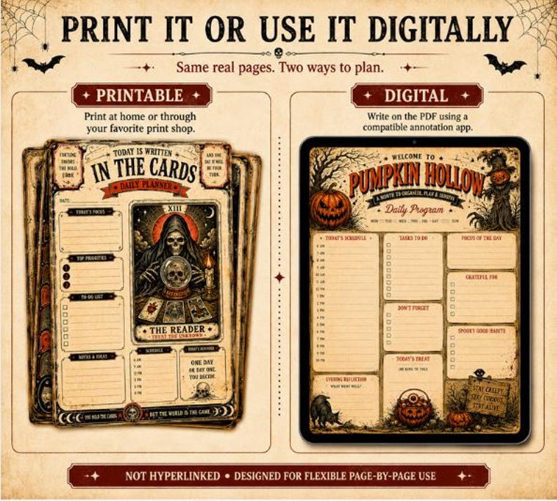 Puede incluir: Un conjunto de planificadores diarios que incluye una versi&oacute;n imprimible con un dise&ntilde;o de parca y cartas de tarot titulado In The Cards, y una versi&oacute;n digital titulada Pumpkin Hollow con un gr&aacute;fico de calabaza y espantap&aacute;jaros sobre fondo beige.