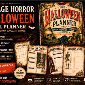 Puede incluir: Un planificador digital titulado The Halloween Planner con gr&aacute;ficos de terror vintage que incluyen calaveras, un gato negro y velas. El dise&ntilde;o cuenta con 76 p&aacute;ginas con secciones para planificaci&oacute;n mensual, semanal y diaria, presupuestos y notas.