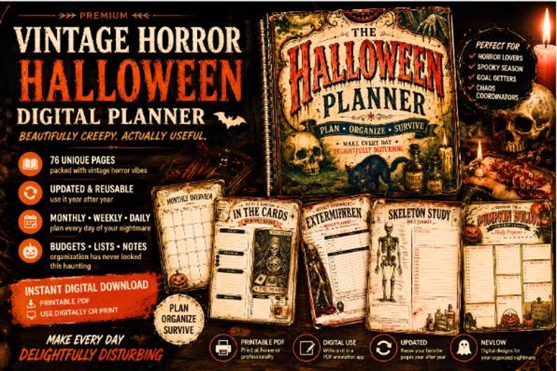 Puede incluir: Un planificador digital titulado The Halloween Planner con gr&aacute;ficos de terror vintage que incluyen calaveras, un gato negro y velas. El dise&ntilde;o cuenta con 76 p&aacute;ginas con secciones para planificaci&oacute;n mensual, semanal y diaria, presupuestos y notas.